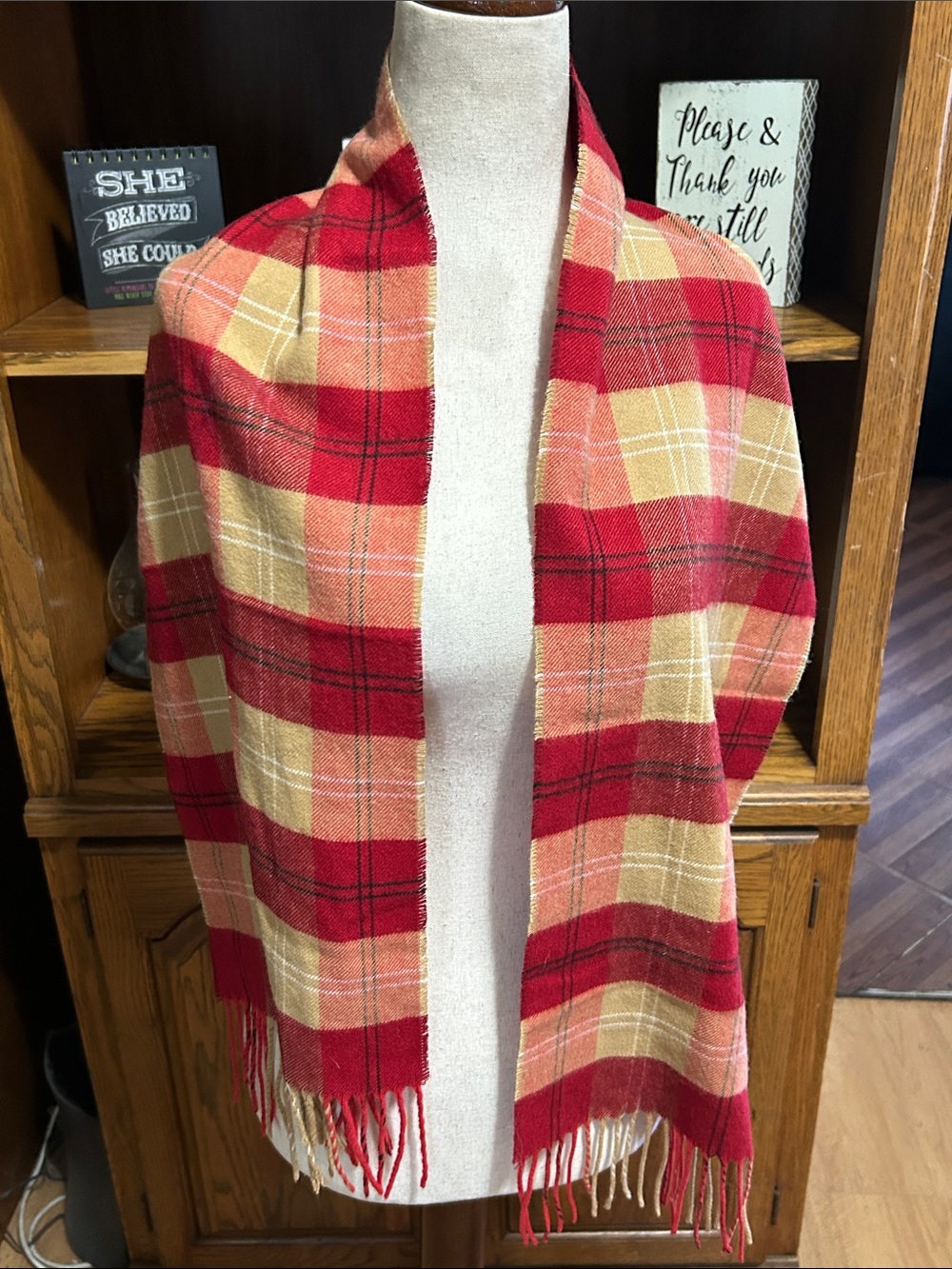 Plaid Fringe Wrap Scarf in Red and Cream